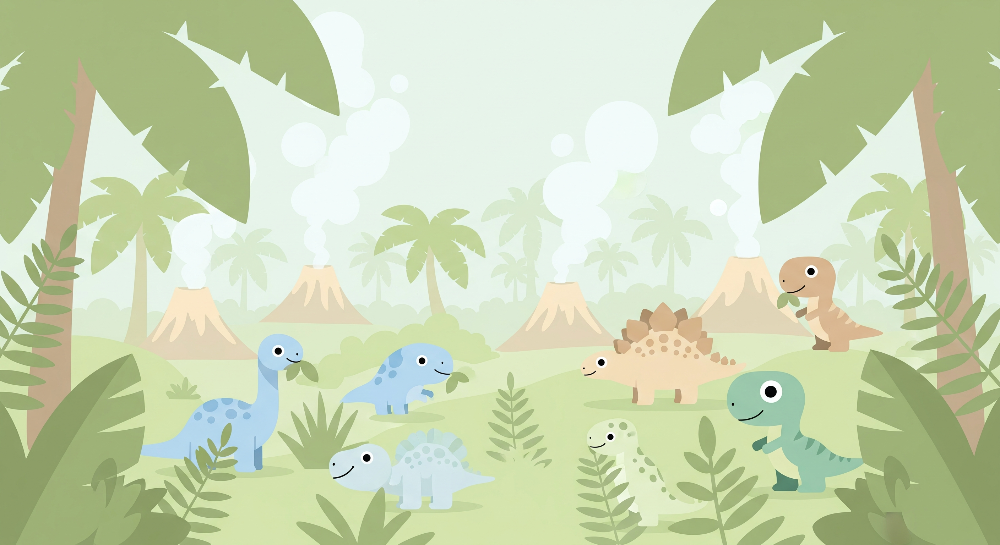 Kids-Mundo flat artwork of pastel baby dinosaurs among gentle jungle volcanoes