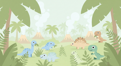 Kids-Mundo flat artwork of pastel baby dinosaurs among gentle jungle volcanoes