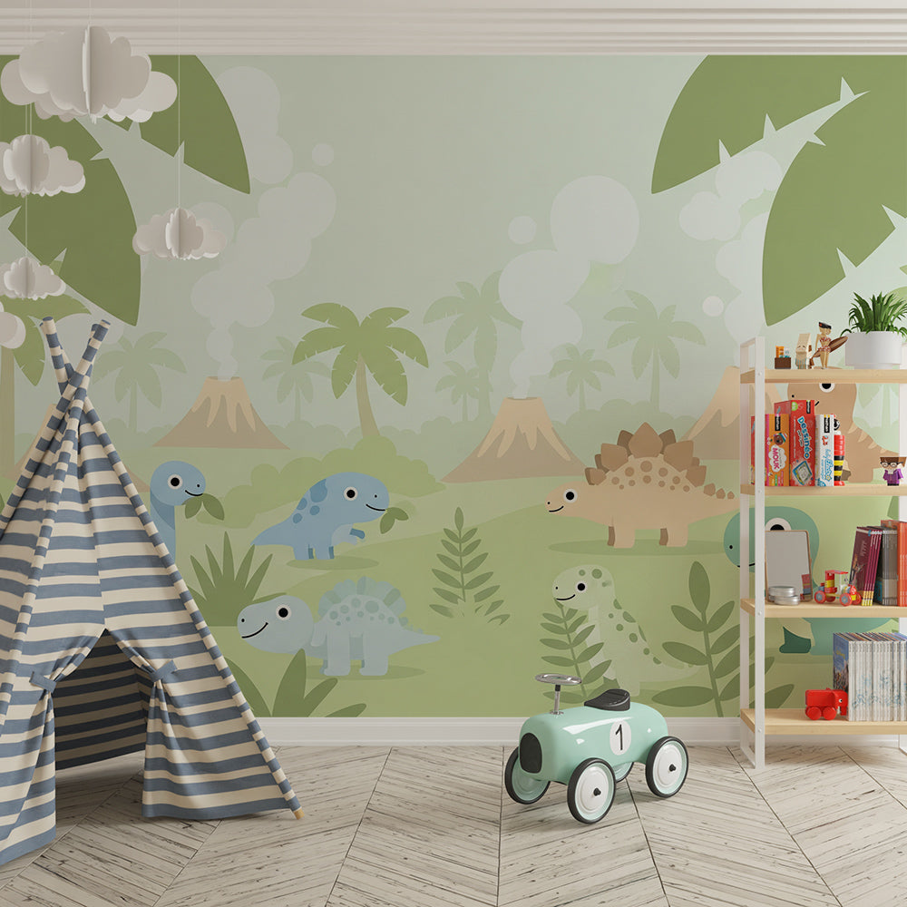 Kids-Mundo pastel baby dinosaur mural covering a soft-toned playroom wall