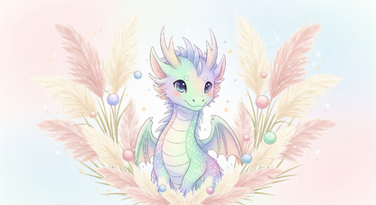 Kids-Mundo flat artwork of a gentle pastel baby dragon resting among tall pampas grass plumes