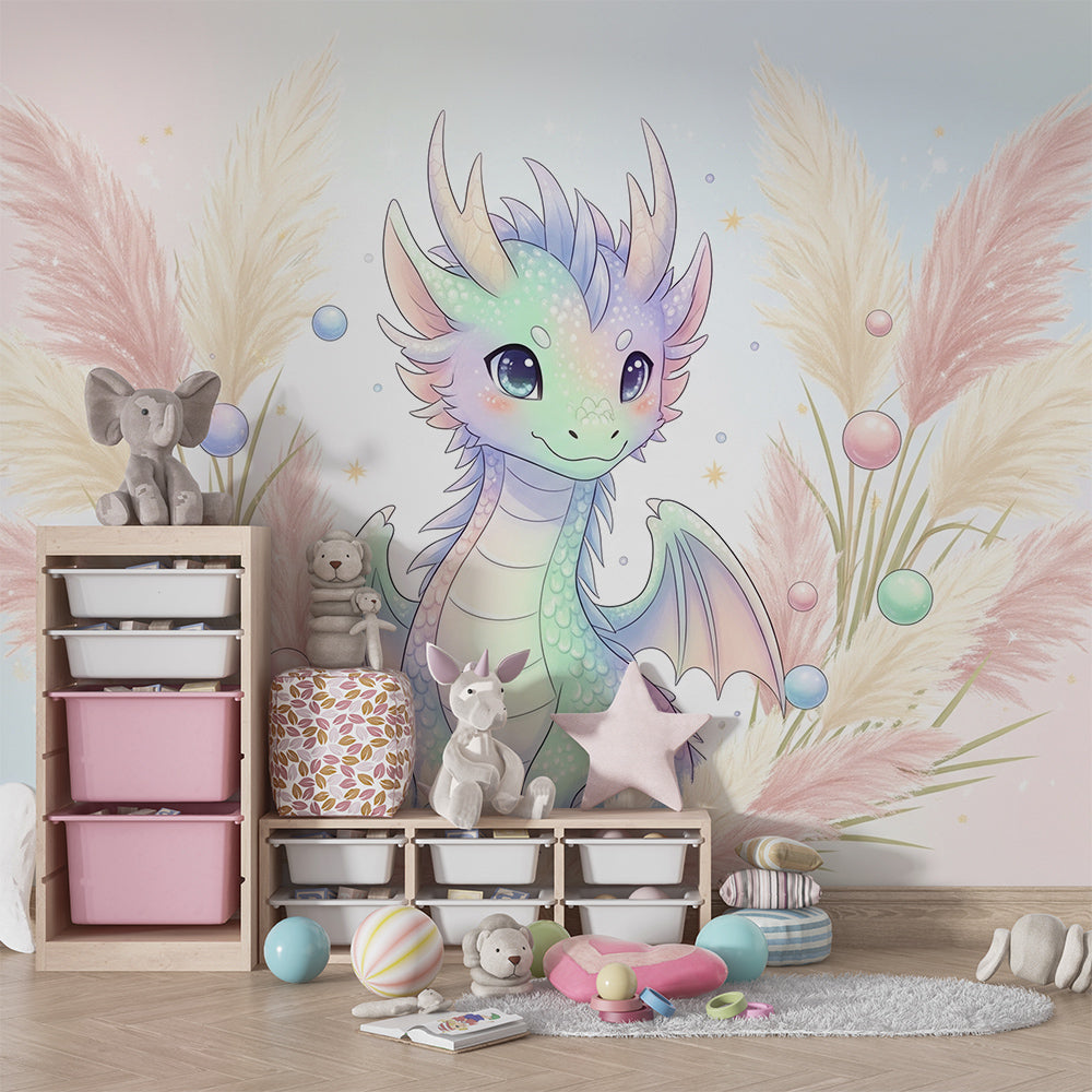 Kids-Mundo pastel baby dragon wall mural brightening a dreamy, colourful children's playroom