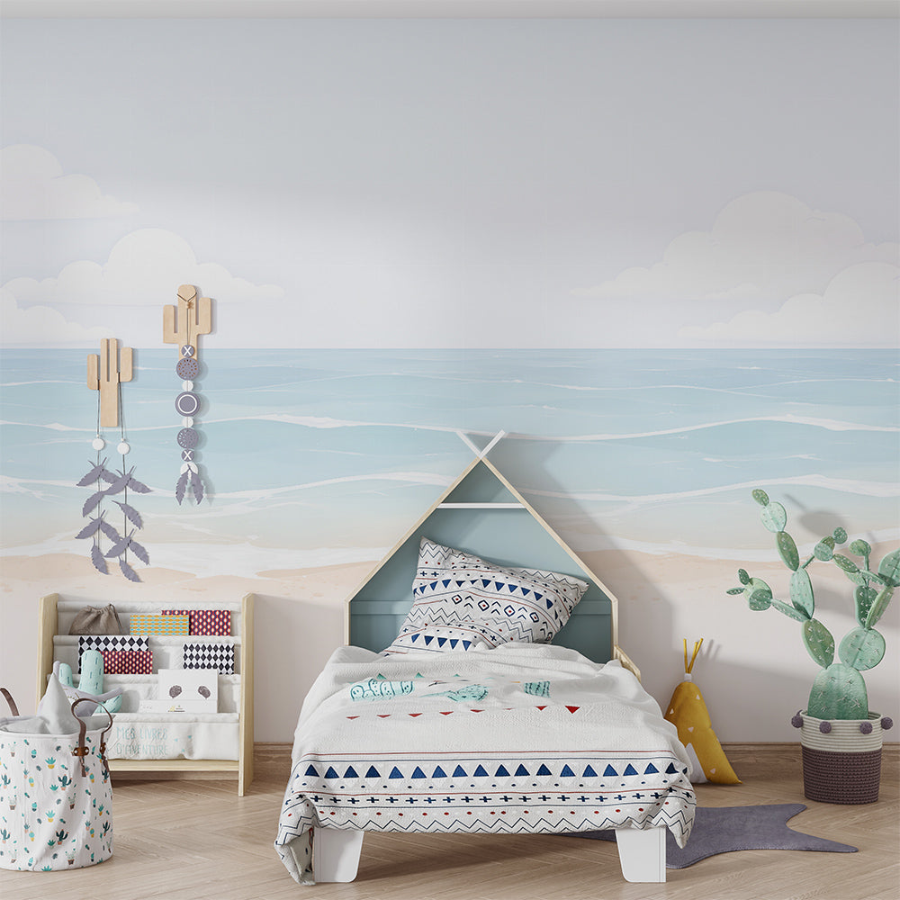Kids-Mundo ocean wall mural bringing a calming pastel seascape into a kids' bedroom