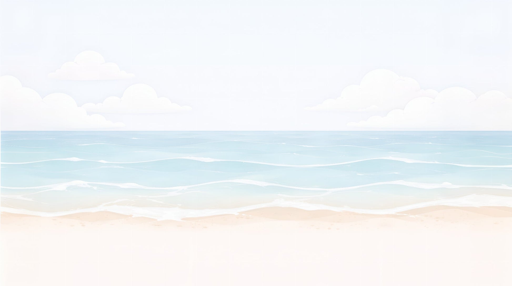 Kids-Mundo flat artwork of a pastel beach and ocean scene with soft clouds and calm waves