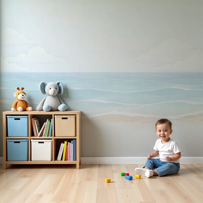 Kids-Mundo pastel beach and ocean wall mural in a calm, soft-toned nursery