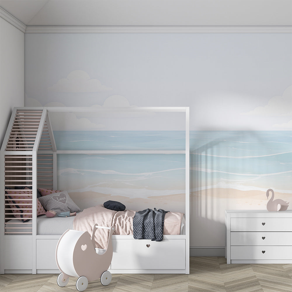 Kids-Mundo pastel beach wall mural creating a peaceful seaside scene in a playroom