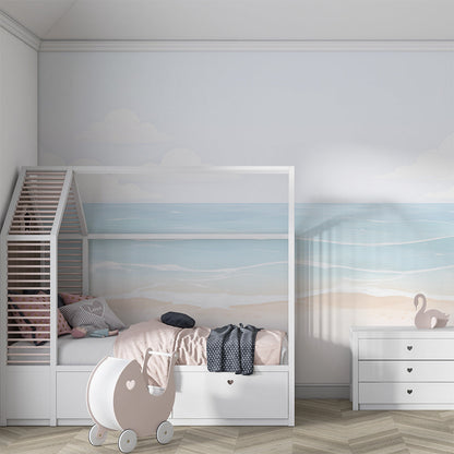Kids-Mundo pastel beach wall mural creating a peaceful seaside scene in a playroom