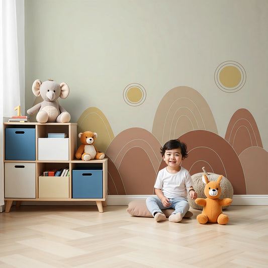 Kids-Mundo pastel boho hills wall mural styled above a cot in a soft neutral nursery