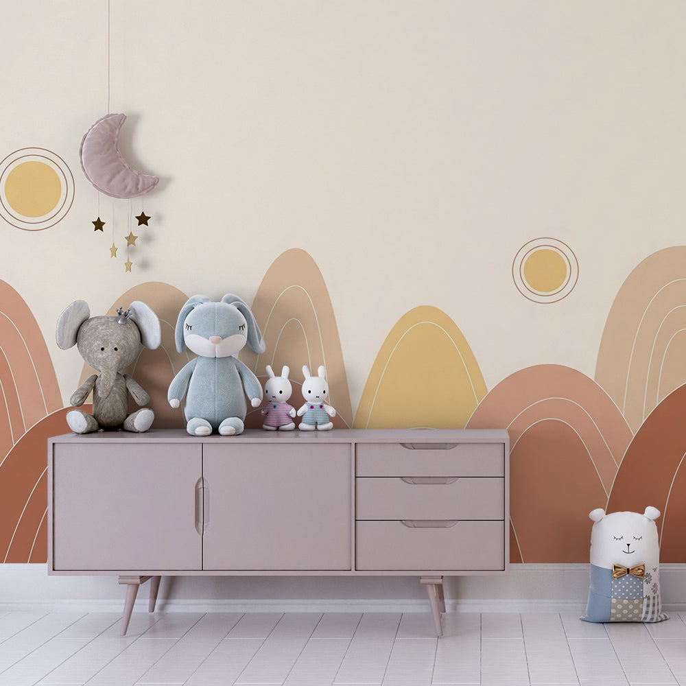 Kids-Mundo boho hills wall mural adding warmth to a bright, playful playroom