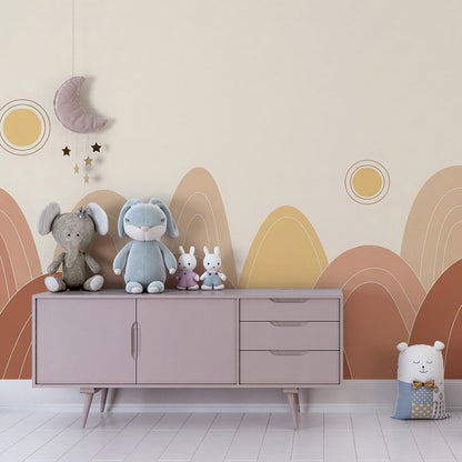 Kids-Mundo boho hills wall mural adding warmth to a bright, playful playroom