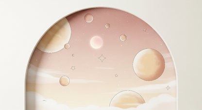 Flat artwork preview of the Kids-Mundo pastel bubble planets arched sky wall mural