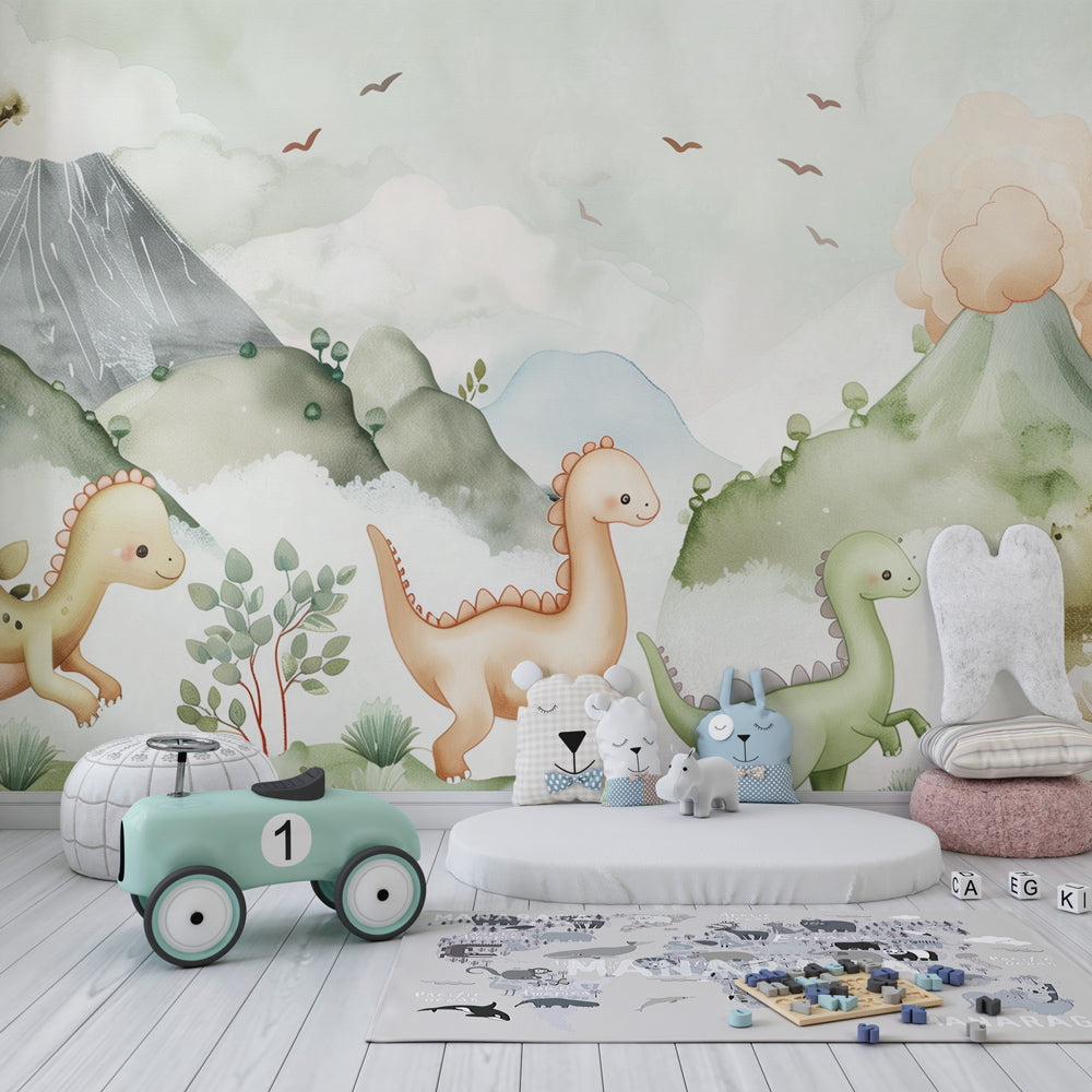 Kids-Mundo pastel dinosaur wall mural bringing playful colour to a bright, toy-filled playroom.