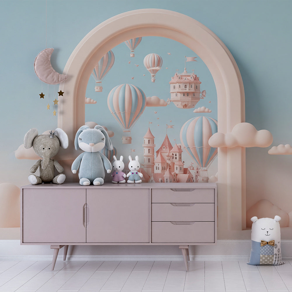 Kids-Mundo pastel cloud castle archway mural covering a feature wall in a kids' bedroom