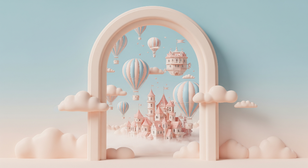 Kids-Mundo flat artwork of a pastel archway framing a fairytale castle among clouds and balloons