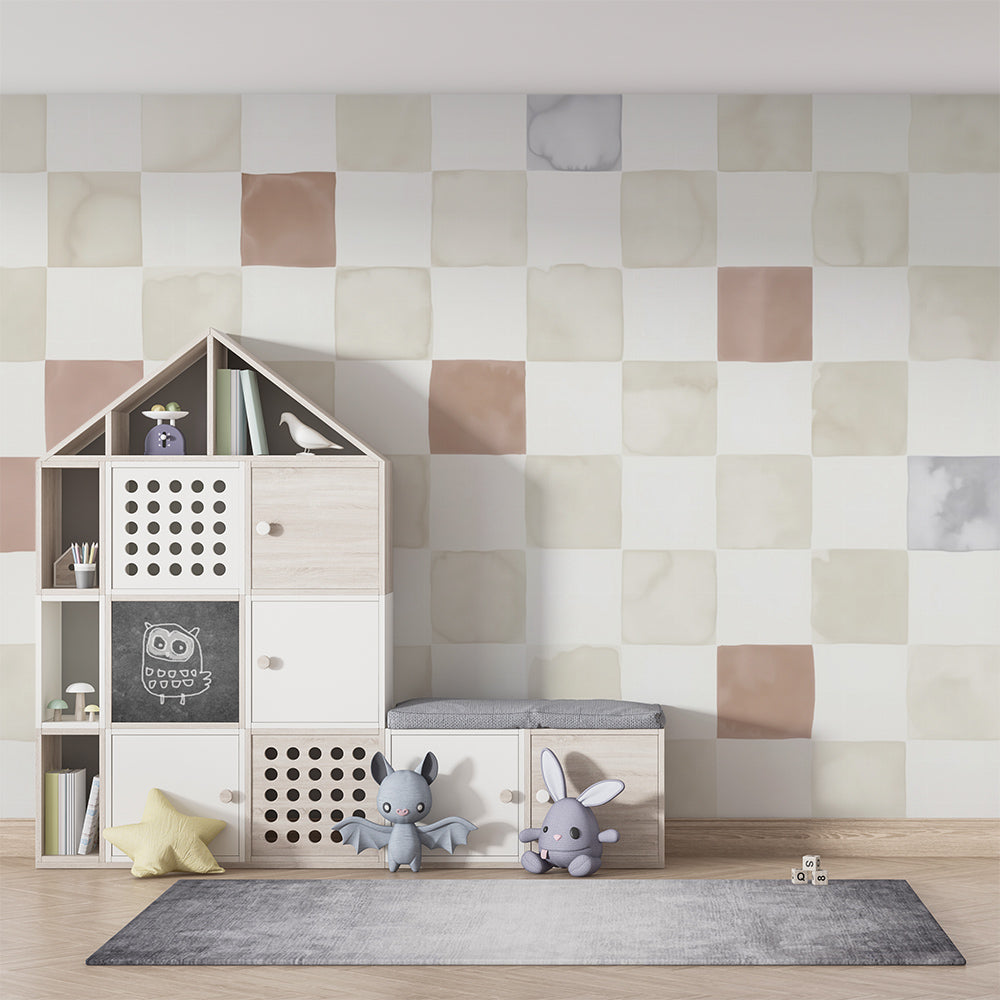 Kids-Mundo checkerboard wall mural adding gentle pattern to a bright, playful children's playroom.