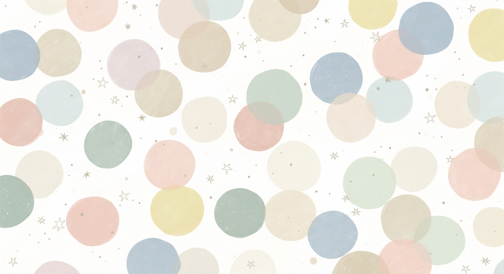 Kids-Mundo flat artwork of overlapping pastel circles and tiny stars on a soft white ground
