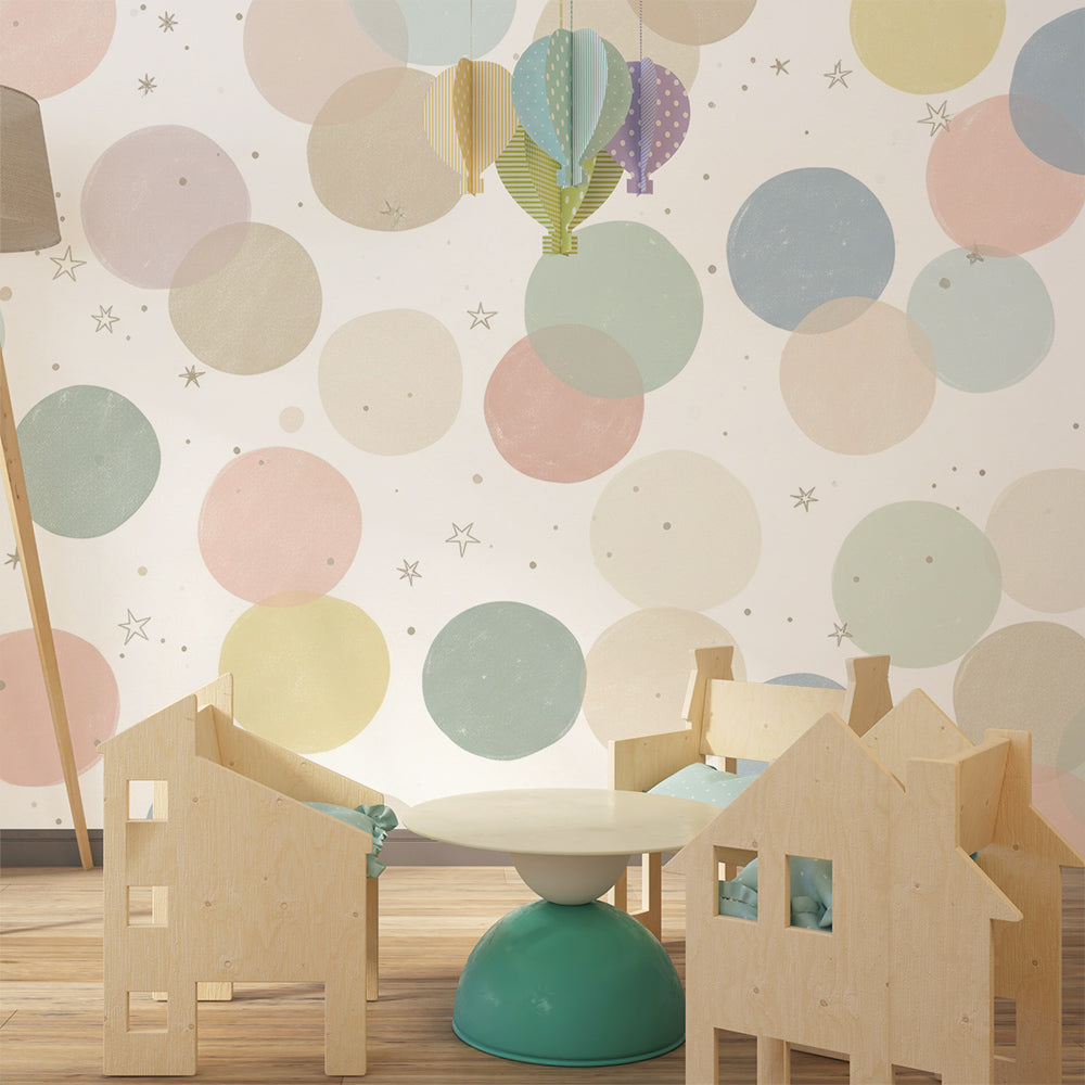 Kids-Mundo pastel circles wall mural bringing gentle colour to a children's playroom