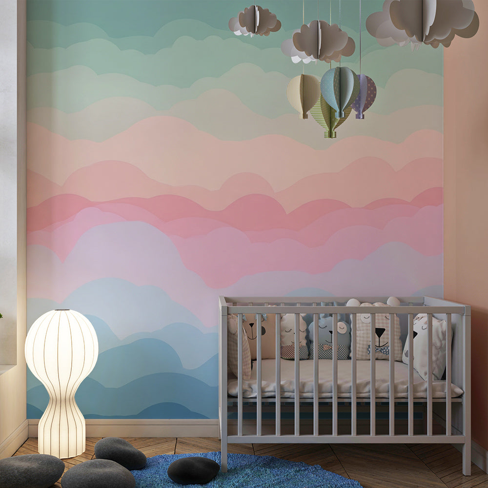 Kids-Mundo pastel cloud wall mural styled in a soft children's bedroom