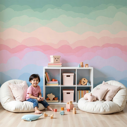 Kids-Mundo pastel cloud gradient wall mural in a calm nursery room setting