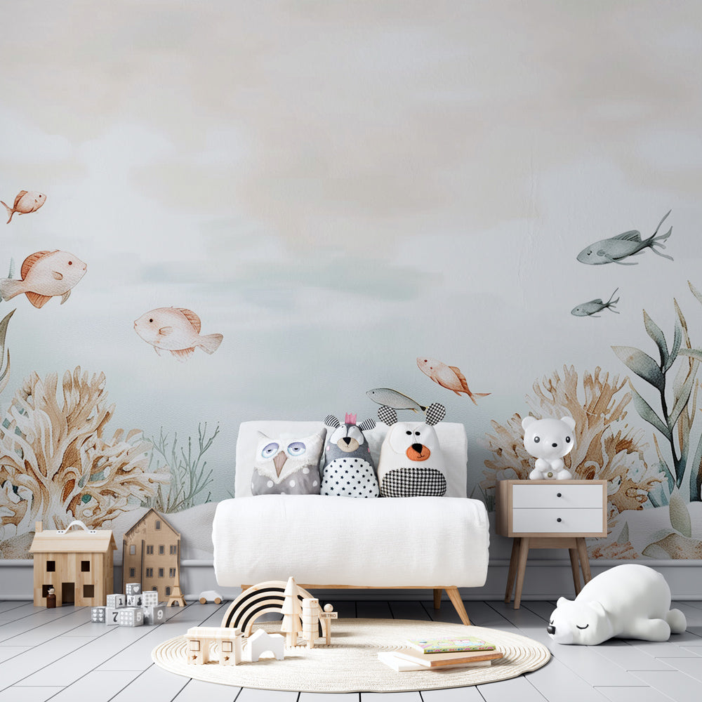 Kids-Mundo pastel coral reef and fish wall mural brightening a children's playroom wall