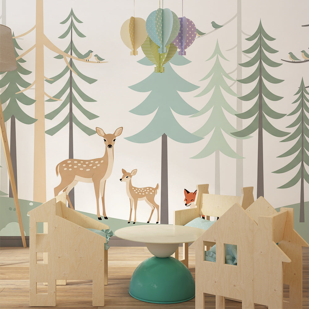 Kids-Mundo minimalist forest mural with deer and fox on a child's bedroom wall