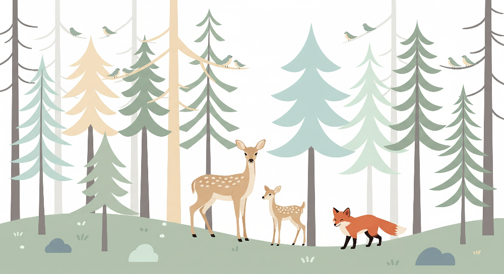 Kids-Mundo flat artwork of a pastel forest with a doe, fawn, fox and small birds