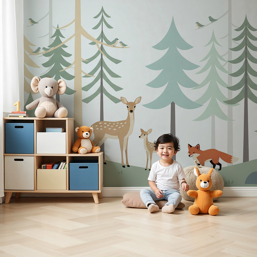 Kids-Mundo pastel deer and fox wall mural styled in a soft, airy nursery