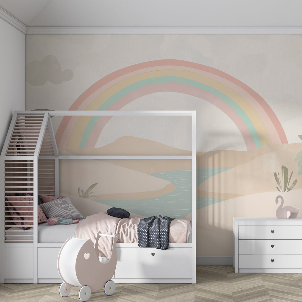 Kids-Mundo pastel desert wallpaper mural bringing calm, sandy tones to a children's playroom
