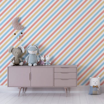Kids-Mundo blue and coral diagonal stripe wall mural on a feature wall in a kids bedroom