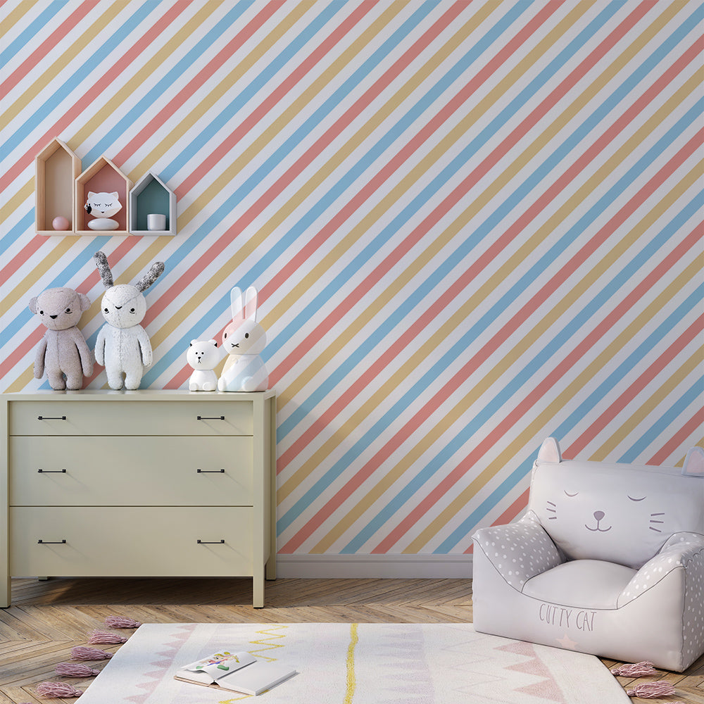 Kids-Mundo pastel diagonal stripe wall mural brightening a fresh children's playroom
