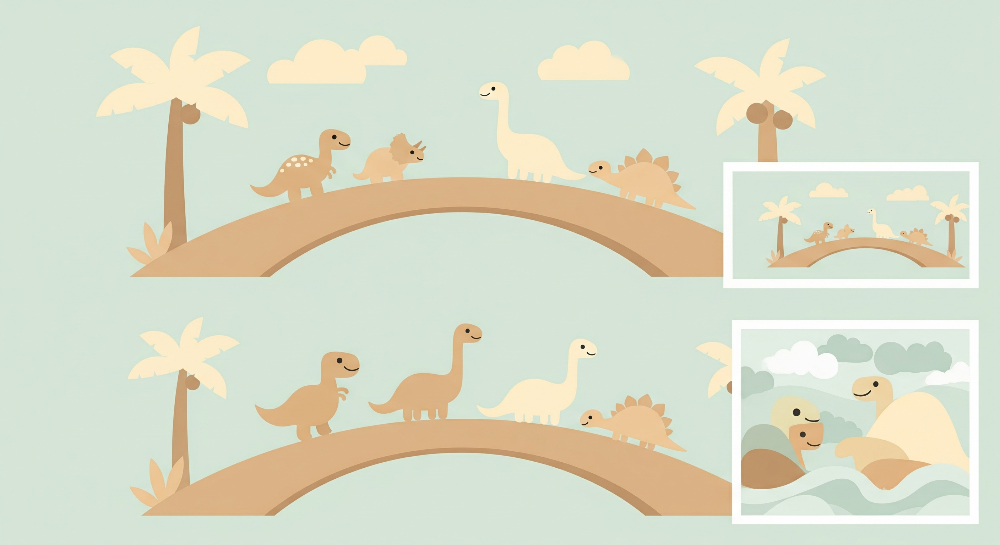 Flat artwork of the Kids-Mundo pastel dinosaur stone bridge wall mural design in sage and beige