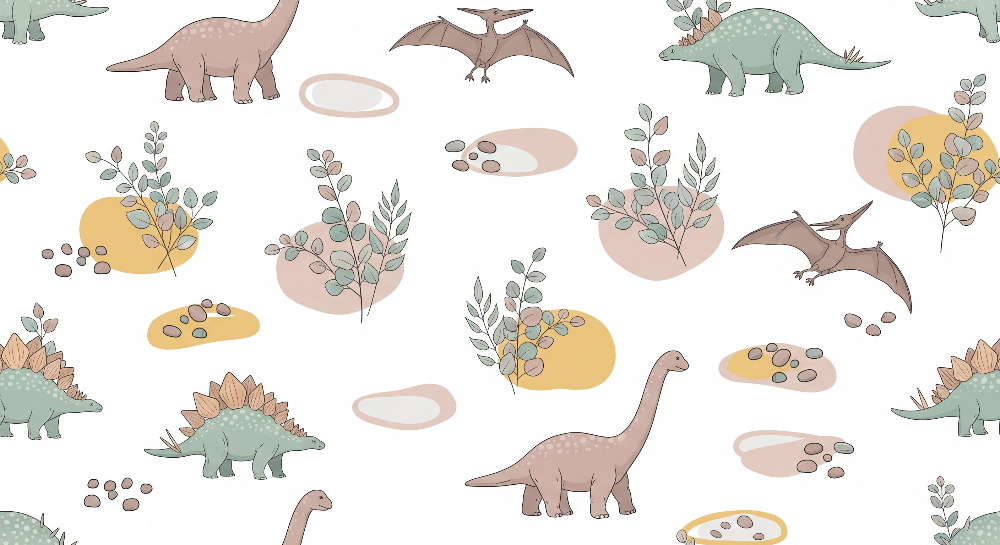 Kids-Mundo flat artwork preview of the pastel dinosaur and botanical sprig pattern for this mural.