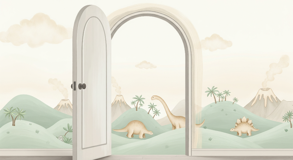 Kids-Mundo flat artwork of pastel dinosaur hills seen through an arched white door