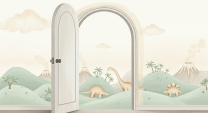 Kids-Mundo flat artwork of pastel dinosaur hills seen through an arched white door