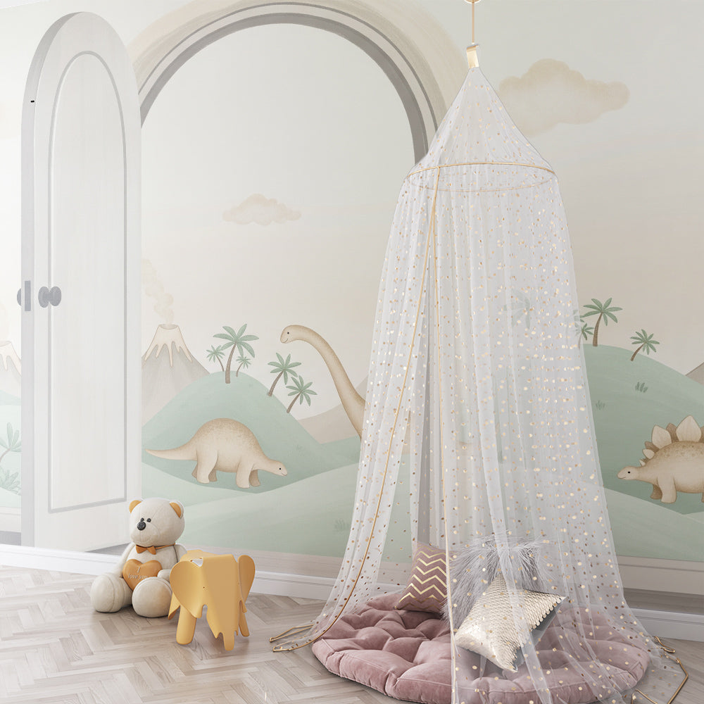 Kids-Mundo pastel dinosaur hills wall mural brightening a bright kids playroom