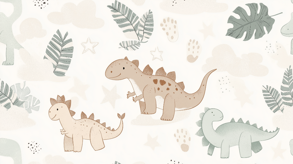 Kids-Mundo flat artwork of a pastel dinosaur pattern with palm leaves, stars and clouds