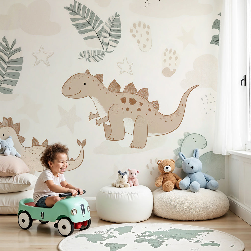 Kids-Mundo pastel dinosaur wall mural with palm leaves styled in a soft neutral nursery