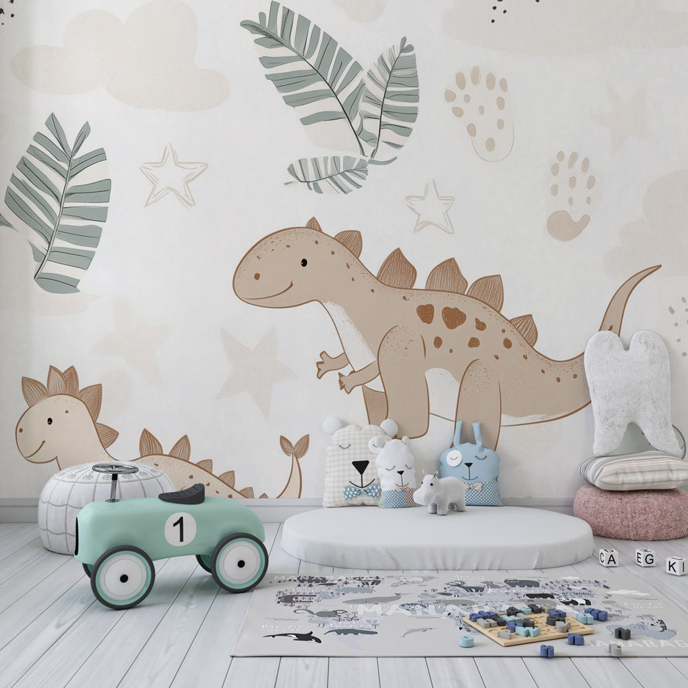Kids-Mundo pastel dinosaur mural with tropical leaves decorating a bright playroom wall