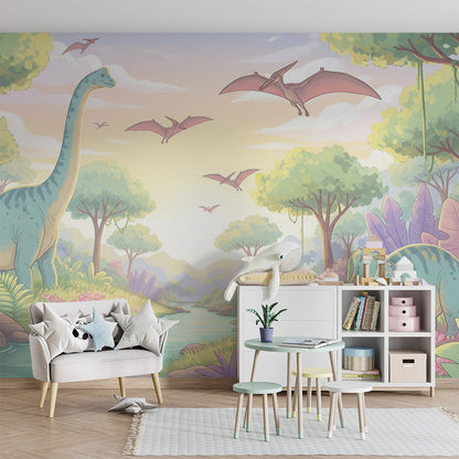 Kids-Mundo dinosaur valley wall mural brightening a child's bedroom behind a wooden bed frame.