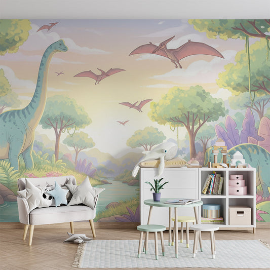 Kids-Mundo dinosaur valley wall mural brightening a child's bedroom behind a wooden bed frame.