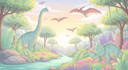 Kids-Mundo flat artwork of a pastel dinosaur valley with pterodactyls and a triceratops by a river.