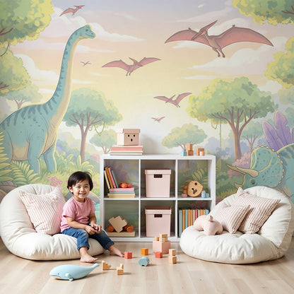 Kids-Mundo pastel dinosaur wall mural covering a feature wall in a soft neutral nursery with a cot.