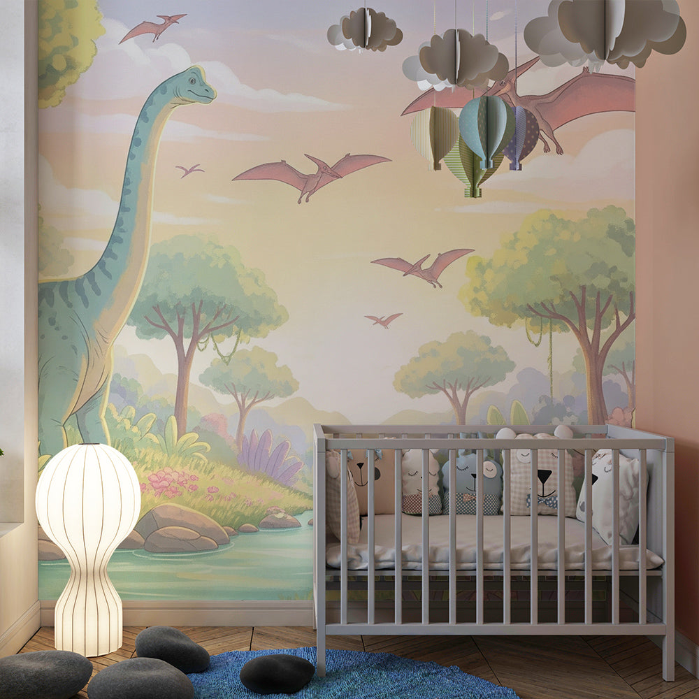 Kids-Mundo dinosaur wall mural adding adventure to a playroom wall beside a toy box.