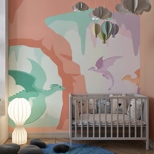 Kids-Mundo dragon wall mural with a glowing crystal cave styled on a kids bedroom wall