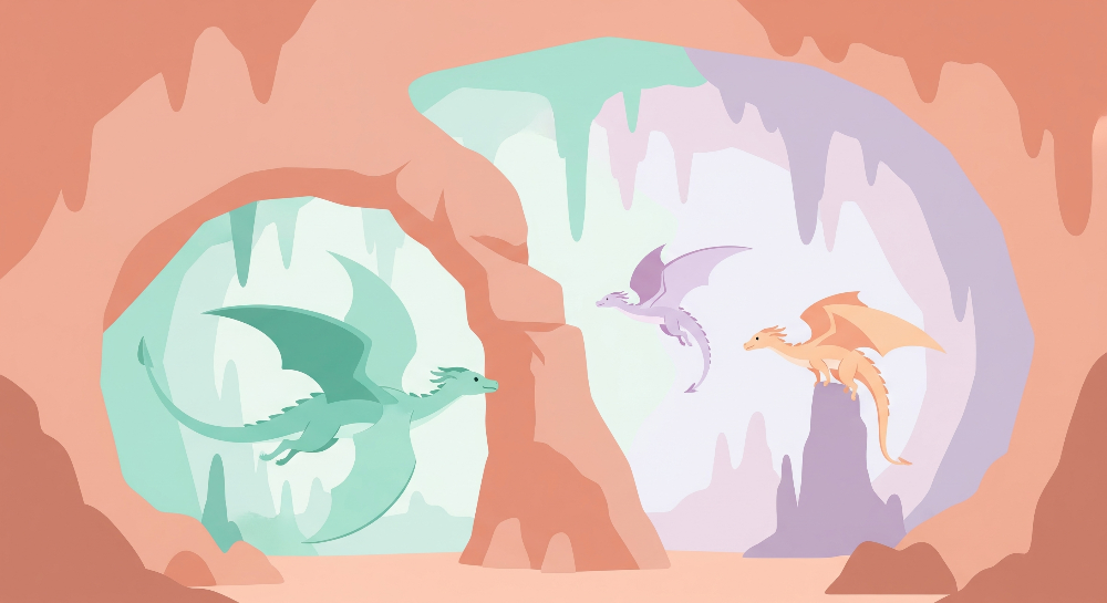 Flat artwork preview of the Kids-Mundo pastel dragon and crystal cave wall mural design