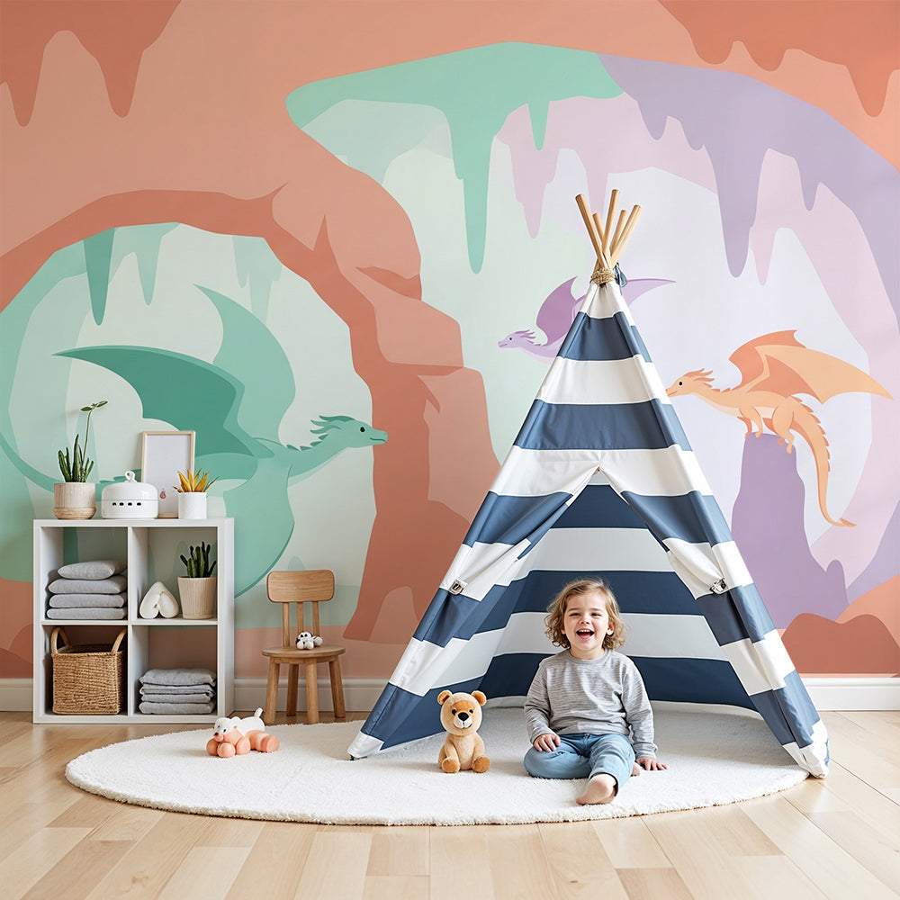 Kids-Mundo pastel dragon cave wall mural made to measure for a child's nursery wall