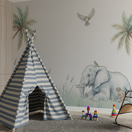 Kids-Mundo pastel elephant and friends mural on a feature wall in a children's bedroom