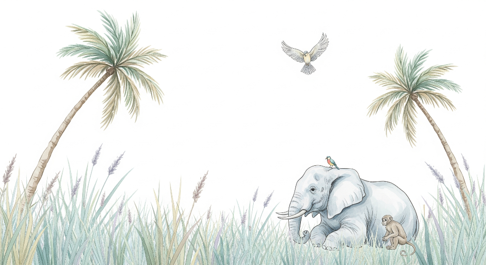 Kids-Mundo pastel elephant artwork with monkey and birds on a white background
