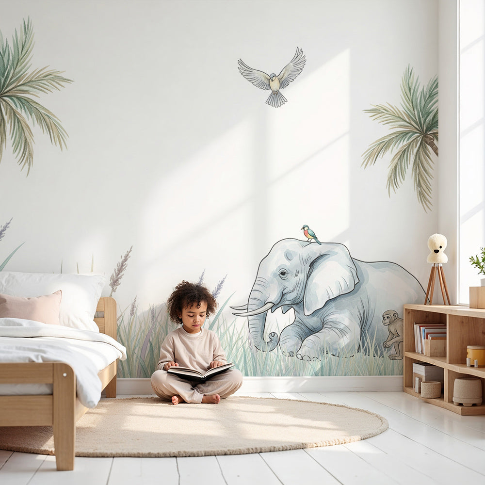 Kids-Mundo pastel elephant wall mural styled in a soft, dreamy nursery with cot and rug