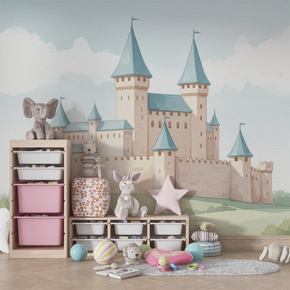 Kids-Mundo castle wall mural covering a feature wall in a child's storybook bedroom.