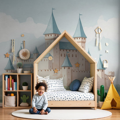 Kids-Mundo pastel fairytale castle wall mural styled behind a cot in a soft nursery.